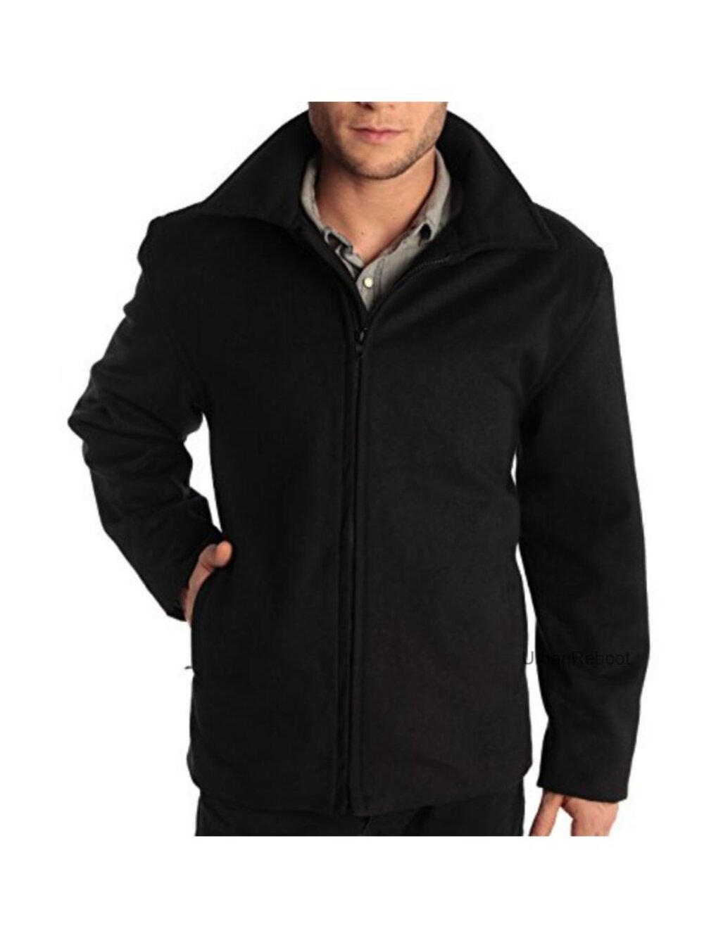 Mens Wool Blend Jacket Zip Up Coat Business Casual Hip Length Classic Collar